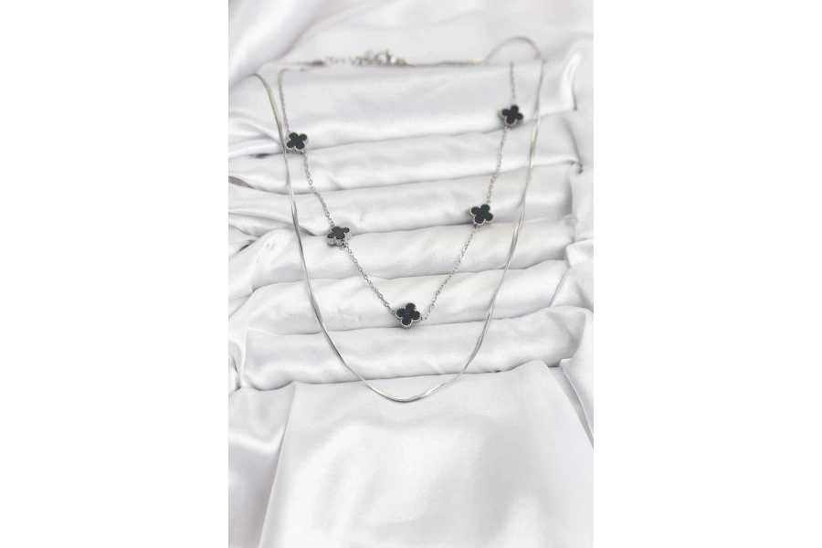 Shoecide 316l Çelik Zincir Gümüş Renk İtalyan Zincirli Siyah Yonca Model Kadın Kolye