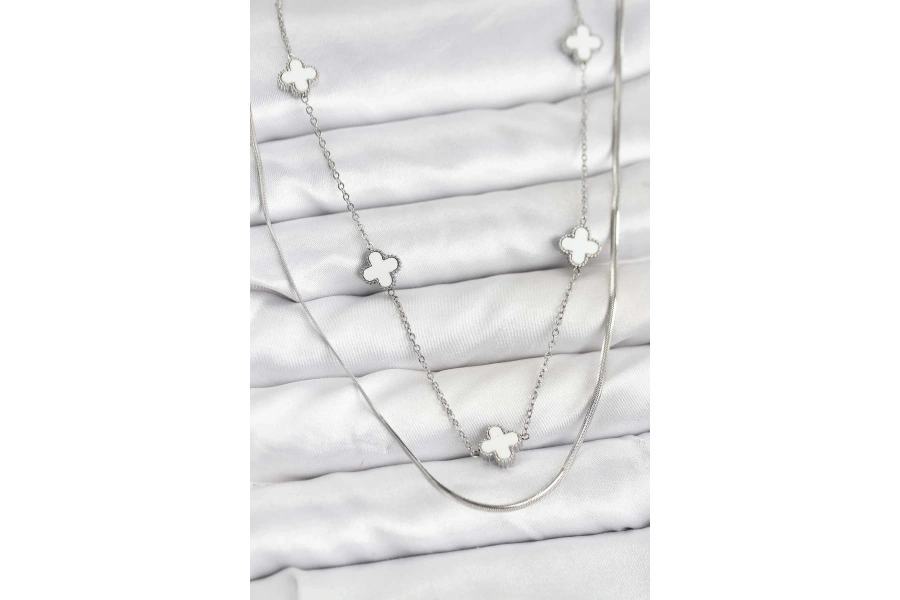 Shoecide 316l Çelik Zincir Gümüş Renk İtalyan Zincirli Yonca Model Kadın Kolye