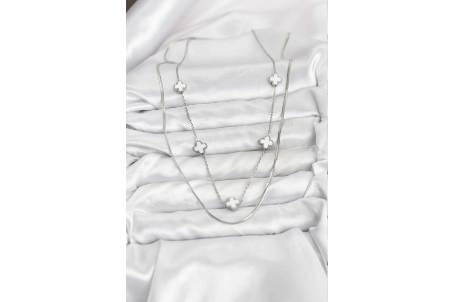 Shoecide 316l Çelik Zincir Gümüş Renk İtalyan Zincirli Yonca Model Kadın Kolye