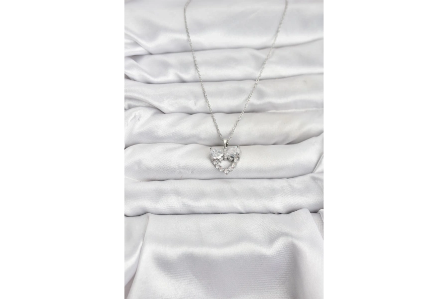 Shoecide 316l Çelik Zincir Gümüş Renk Kalp Ve Fiyonk Model Zirkon Taşlı Kadın Kolye