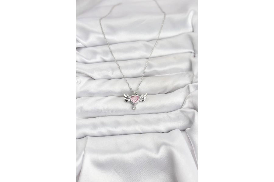 Shoecide 316l Çelik Zincir Gümüş Renk Kanatlı Kalp Model Zirkon Taşlı Kadın Kolye