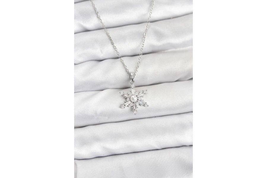 Shoecide 316l Çelik Zincir Gümüş Renk Kar Tanesi Model Zirkon Taşlı Kadın Kolye
