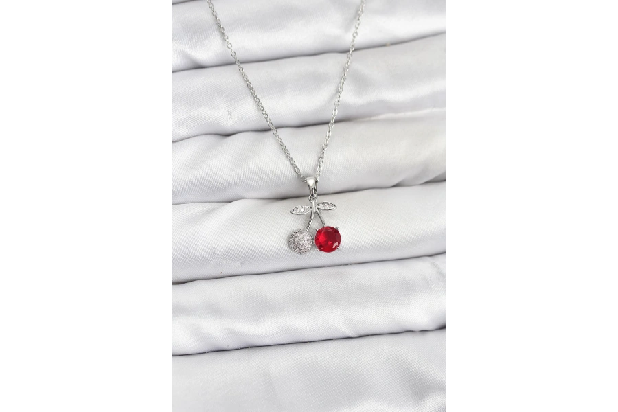 Shoecide 316l Çelik Zincir Gümüş Renk Kiraz Model Zirkon Taşlı Kadın Kolye