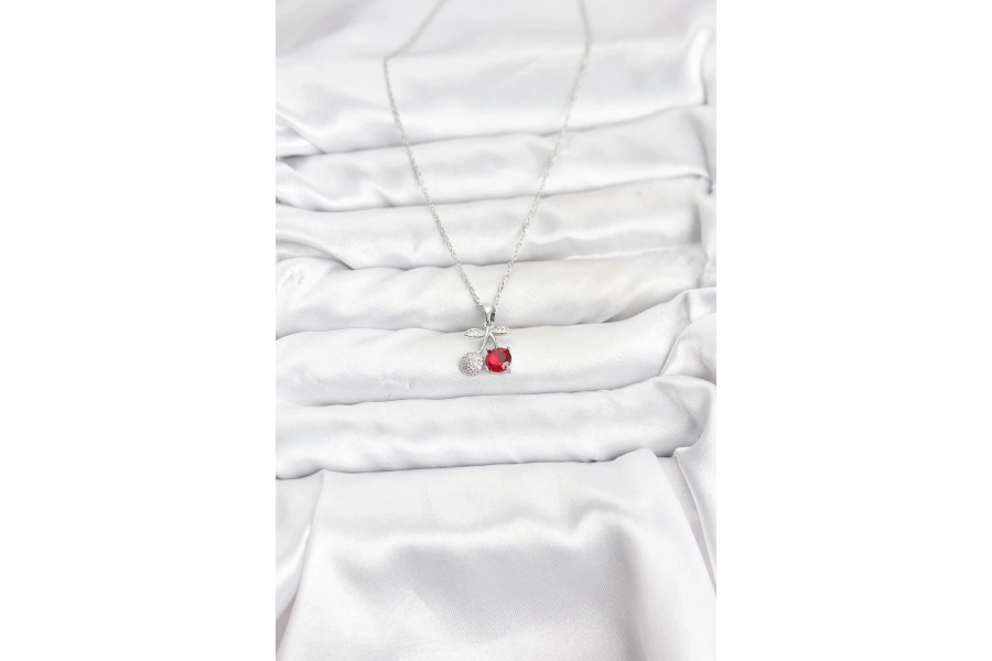 Shoecide 316l Çelik Zincir Gümüş Renk Kiraz Model Zirkon Taşlı Kadın Kolye