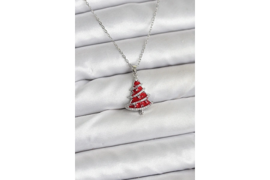 Shoecide 316l Çelik Zincir Gümüş Renk Kırmızı Çam Ağacı Model Yılbaşı Temalı Kadın Kolye