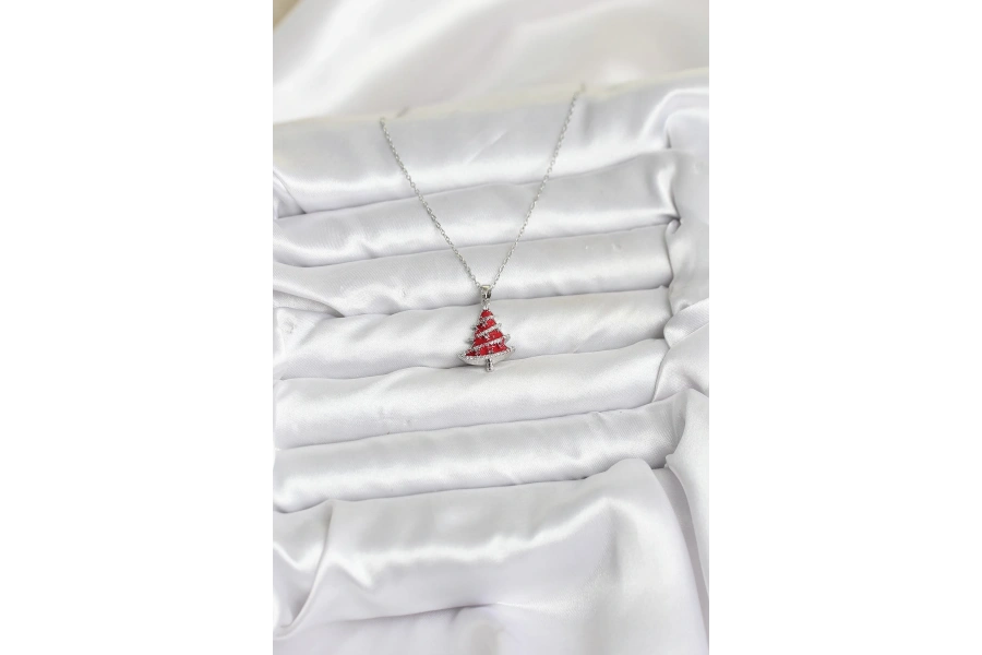 Shoecide 316l Çelik Zincir Gümüş Renk Kırmızı Çam Ağacı Model Yılbaşı Temalı Kadın Kolye