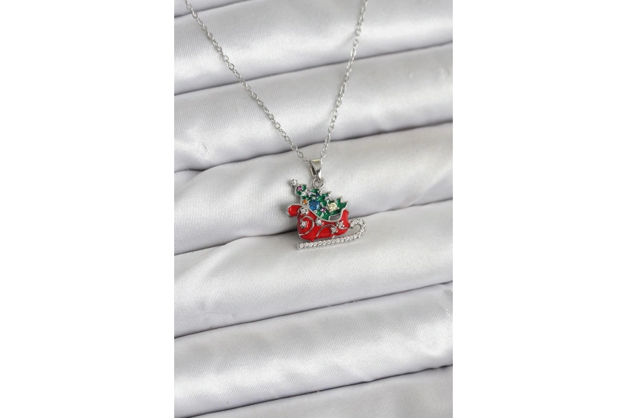 Shoecide 316l Çelik Zincir Gümüş Renk Kızak Ve Çam Ağacı Figürlü Yılbaşı Temalı Kadın Kolye