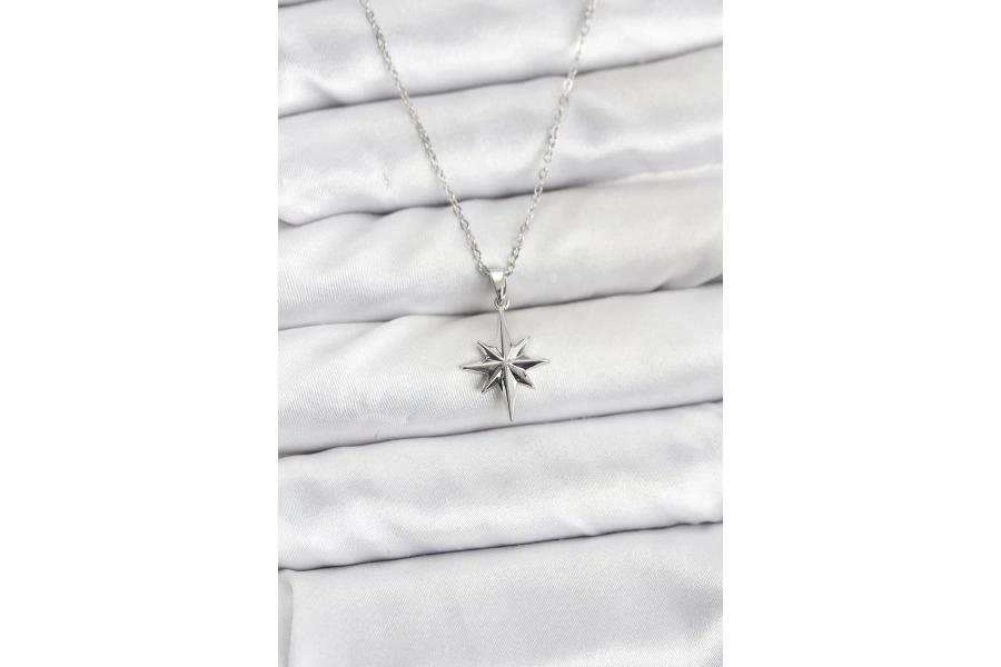 Shoecide 316l Çelik Zincir Gümüş Renk Kutup Yıldızı Model Kadın Kolye