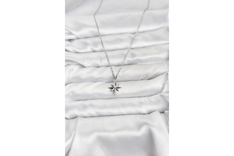 Shoecide 316l Çelik Zincir Gümüş Renk Kutup Yıldızı Model Kadın Kolye
