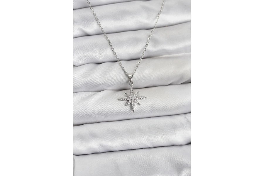 Shoecide 316l Çelik Zincir Gümüş Renk Kutup Yıldızı Model Zirkon Taşlı Kadın Kolye