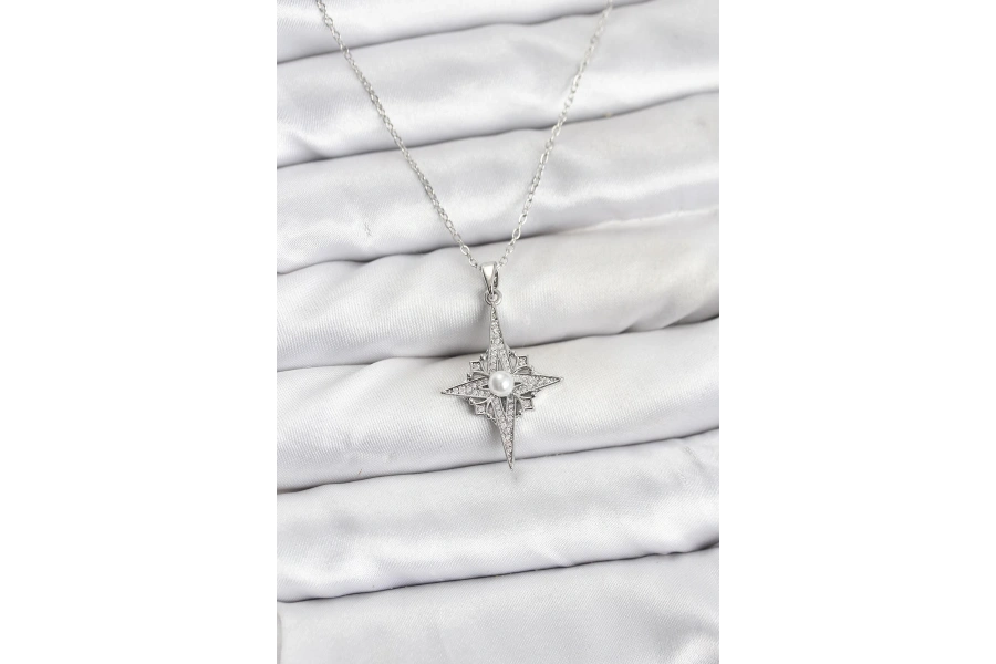 Shoecide 316l Çelik Zincir Gümüş Renk Kutup Yıldızı Model Zirkon Taşlı Kadın Kolye