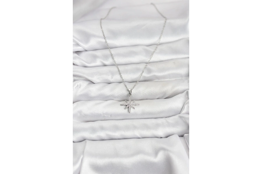 Shoecide 316l Çelik Zincir Gümüş Renk Kutup Yıldızı Model Zirkon Taşlı Kadın Kolye