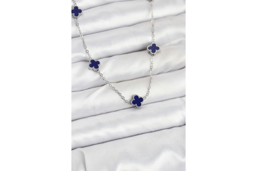 Shoecide 316l Çelik Zincir Gümüş Renk Lacivert Baby Boy Yonca Kadın Kolye