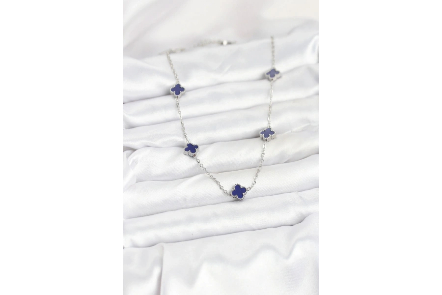 Shoecide 316l Çelik Zincir Gümüş Renk Lacivert Baby Boy Yonca Kadın Kolye