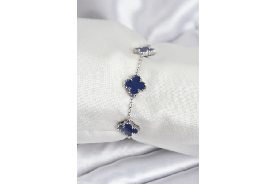 Shoecide 316l Çelik Zincir Gümüş Renk Lacivert Yonca Kadın Bileklik