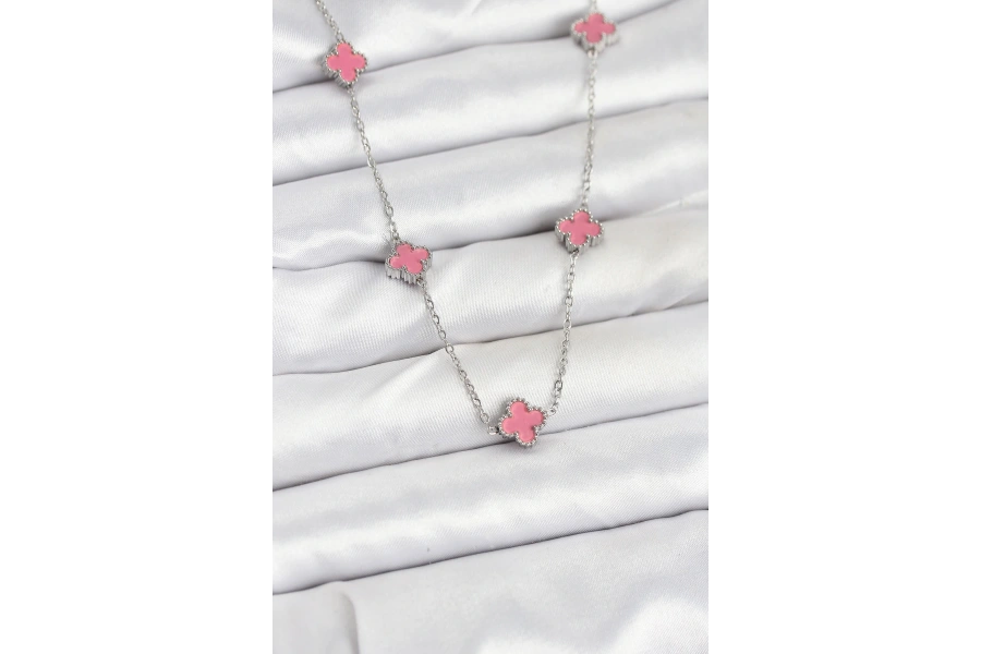 Shoecide 316l Çelik Zincir Gümüş Renk Pembe Baby Boy Yonca Kadın Kolye