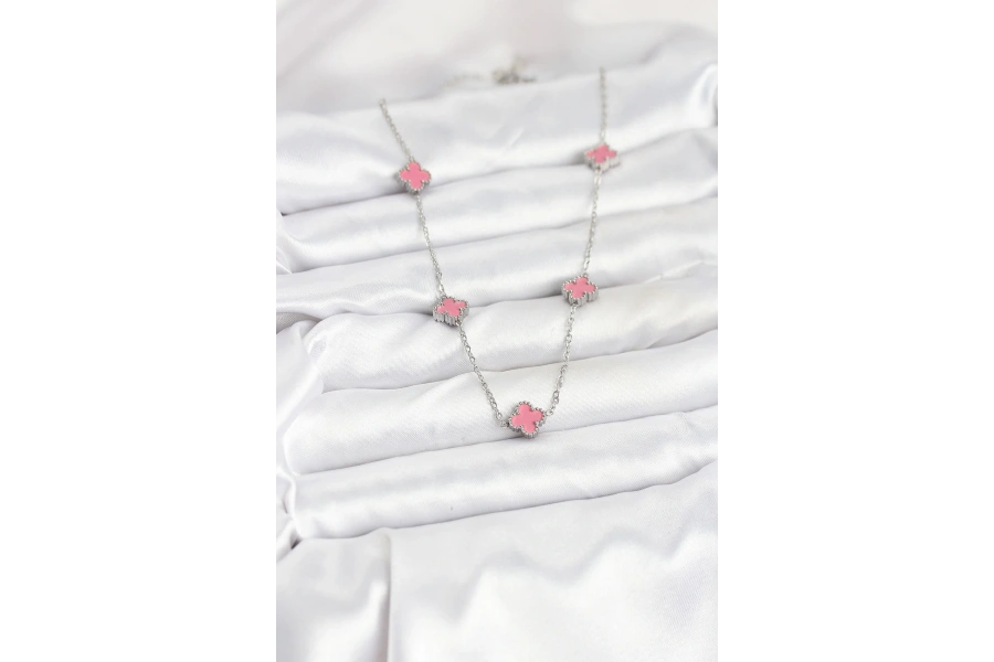 Shoecide 316l Çelik Zincir Gümüş Renk Pembe Baby Boy Yonca Kadın Kolye