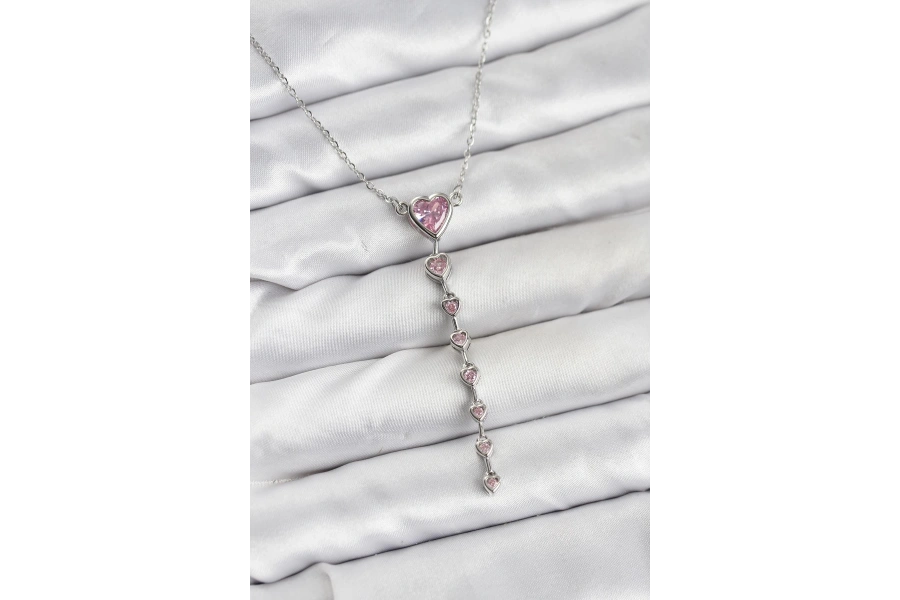 Shoecide 316l Çelik Zincir Gümüş Renk Pembe Kalp Kadın Kolye