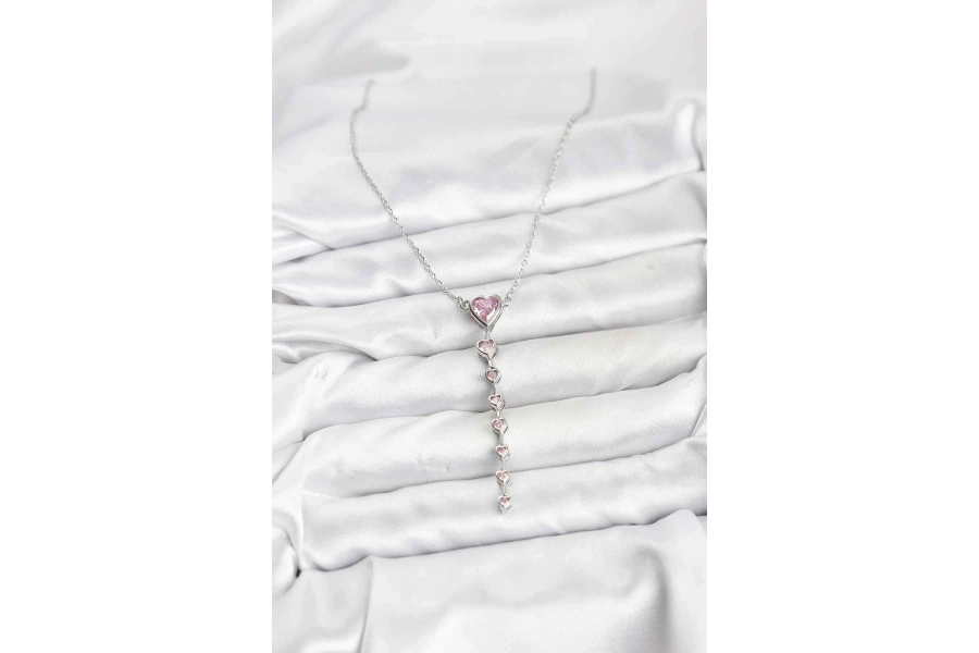 Shoecide 316l Çelik Zincir Gümüş Renk Pembe Kalp Kadın Kolye