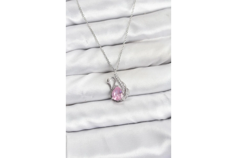 Shoecide 316l Çelik Zincir Gümüş Renk Pembe Kuğu Model Zirkon Taşlı Kadın Kolye