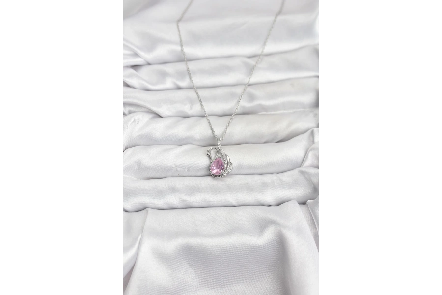 Shoecide 316l Çelik Zincir Gümüş Renk Pembe Kuğu Model Zirkon Taşlı Kadın Kolye