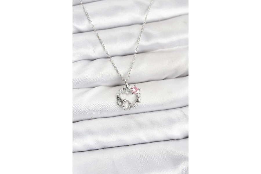 Shoecide 316l Çelik Zincir Gümüş Renk Pembe Taş Detaylı Çelenk Model Kadın Kolye