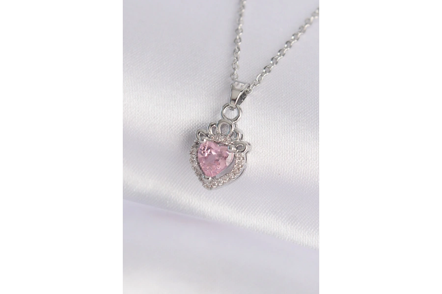 Shoecide 316l Çelik Zincir Gümüş Renk Pembe Zirkon Taşlı Rapunzel Kolye