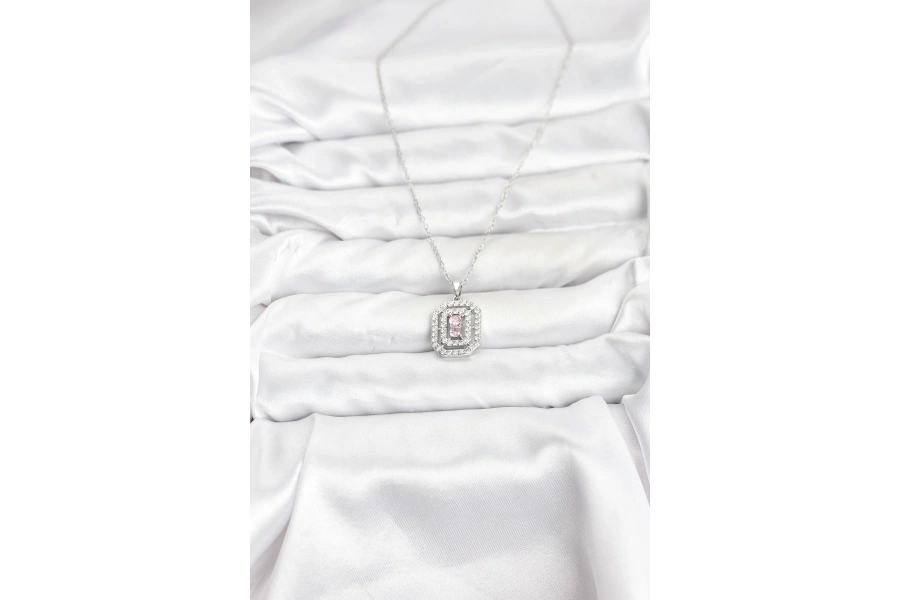 Shoecide 316l Çelik Zincir Gümüş Renk Plaka Model Zirkon Taşlı Kadın Kolye