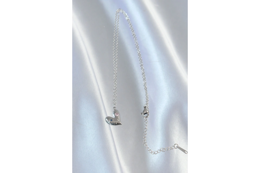 Shoecide 316l Çelik Zincir Gümüş Renk Renkli Zirkon Taşlı Kalp Kolye