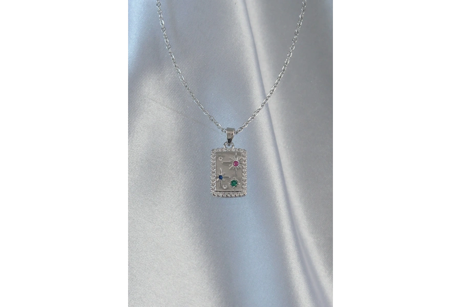 Shoecide 316l Çelik Zincir Gümüş Renk Renkli Zirkon Taşlı Vintage Kolye