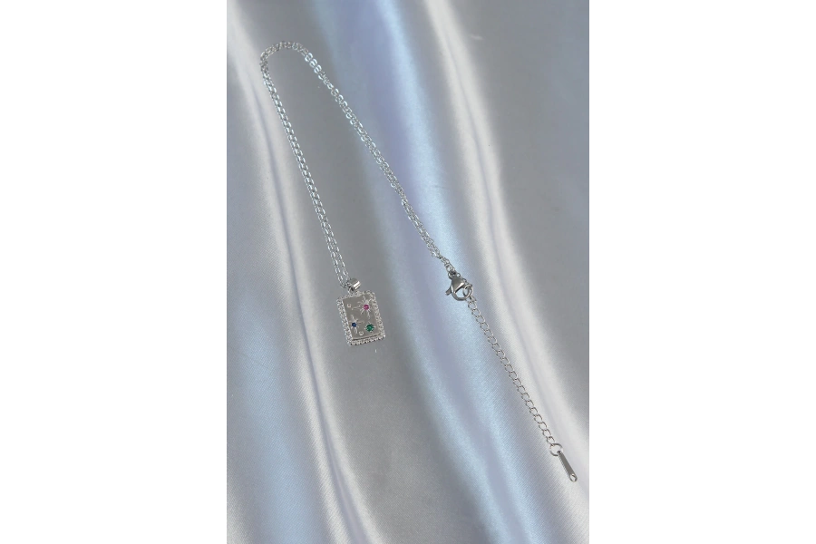 Shoecide 316l Çelik Zincir Gümüş Renk Renkli Zirkon Taşlı Vintage Kolye