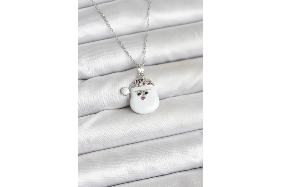 Shoecide 316l Çelik Zincir Gümüş Renk Şapkalı Kardan Adam Kafası Model Yılbaşı Temalı Kadın Kolye