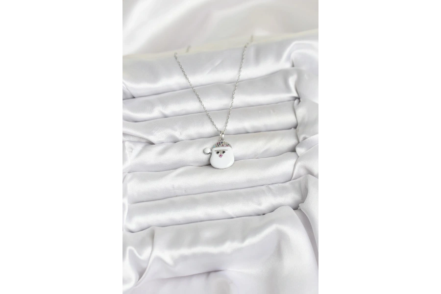 Shoecide 316l Çelik Zincir Gümüş Renk Şapkalı Kardan Adam Kafası Model Yılbaşı Temalı Kadın Kolye