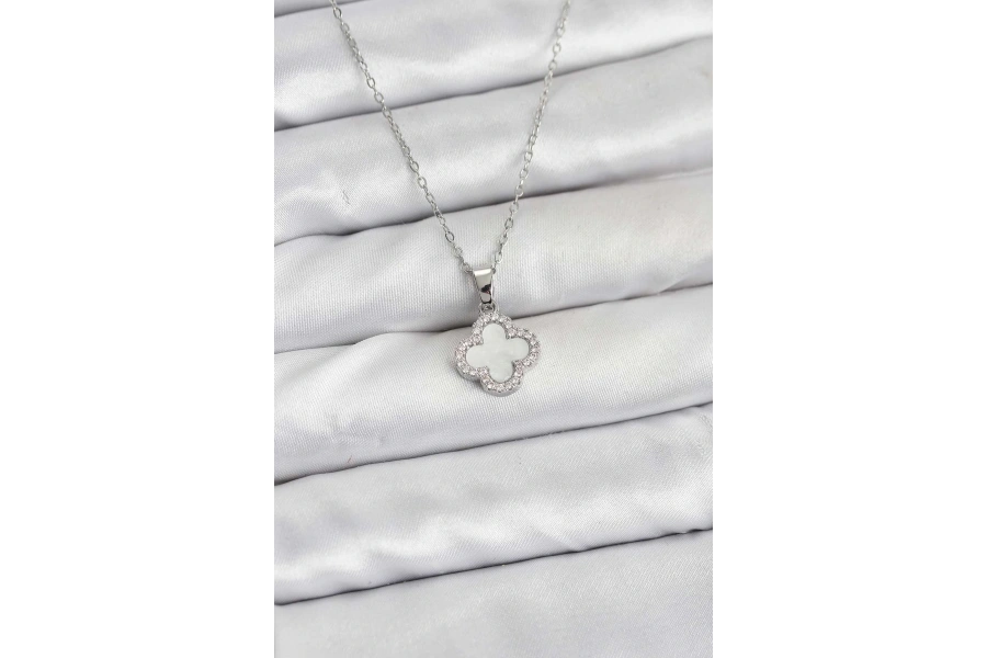 Shoecide 316l Çelik Zincir Gümüş Renk Sedefli Yonca Kadın Kolye