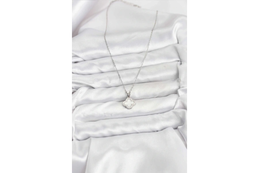 Shoecide 316l Çelik Zincir Gümüş Renk Sedefli Yonca Kadın Kolye