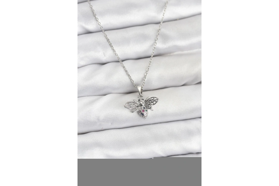 Shoecide 316l Çelik Zincir Gümüş Renk Sinek Model Zirkon Taşlı Kadın Kolye