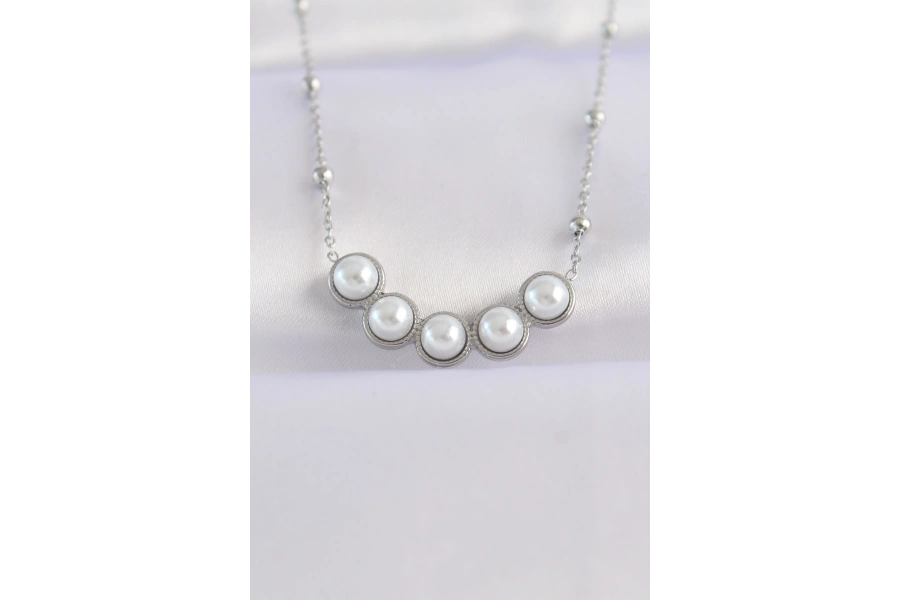 Shoecide 316l Çelik Zincir Gümüş Renk Sıralı İnci Taşlı Kolye