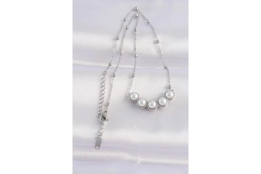 Shoecide 316l Çelik Zincir Gümüş Renk Sıralı İnci Taşlı Kolye