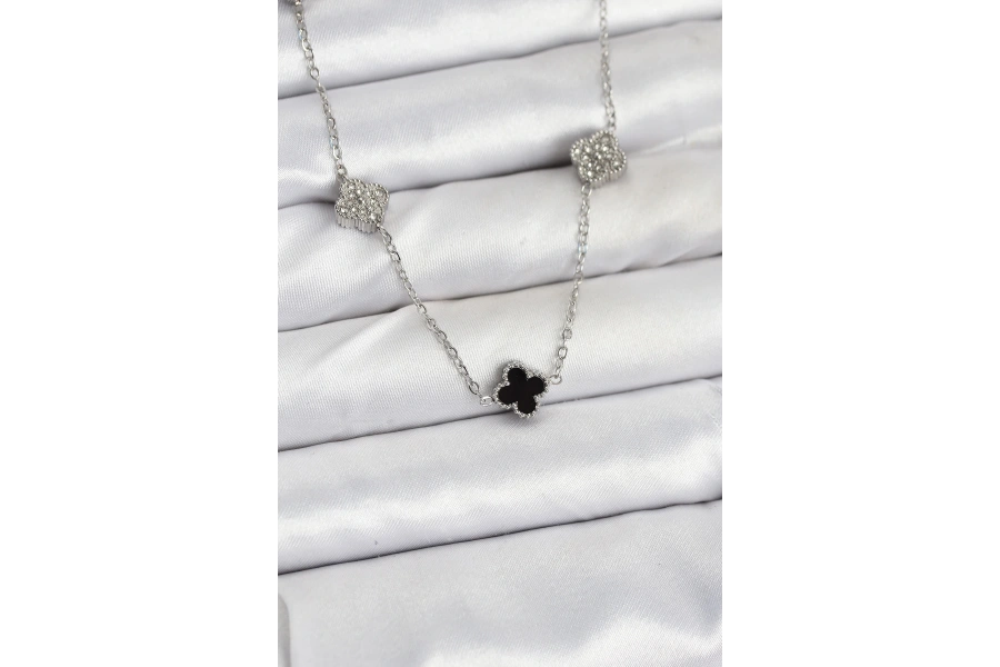 Shoecide 316l Çelik Zincir Gümüş Renk Siyah Ve Zirkon Taşlı Baby Boy Yonca Kadın Kolye