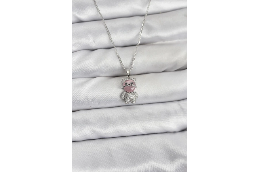 Shoecide 316l Çelik Zincir Gümüş Renk Teddy Bear Model Zirkon Taşlı Kadın Kolye