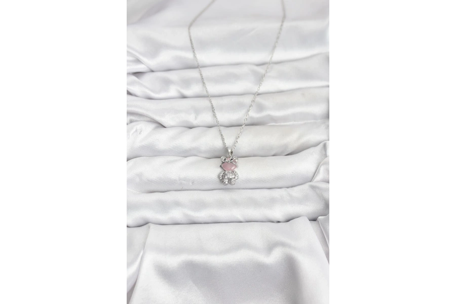 Shoecide 316l Çelik Zincir Gümüş Renk Teddy Bear Model Zirkon Taşlı Kadın Kolye