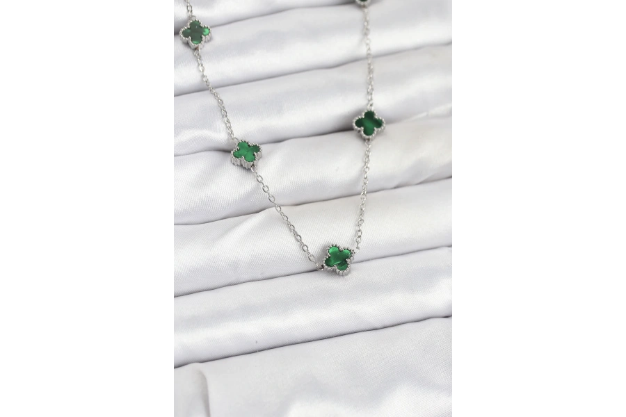 Shoecide 316l Çelik Zincir Gümüş Renk Yeşil Baby Boy Yonca Kadın Kolye