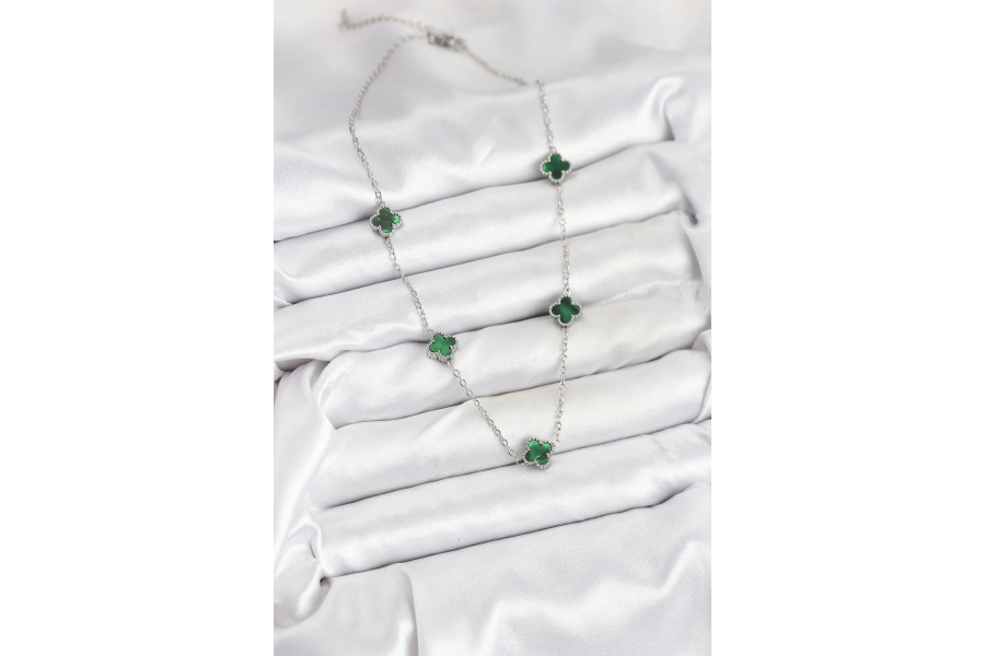 Shoecide 316l Çelik Zincir Gümüş Renk Yeşil Baby Boy Yonca Kadın Kolye