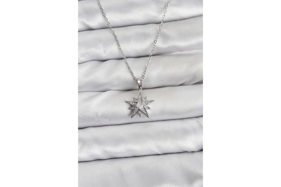 Shoecide 316l Çelik Zincir Gümüş Renk Yıldız Model Zirkon Taşlı Kadın Kolye