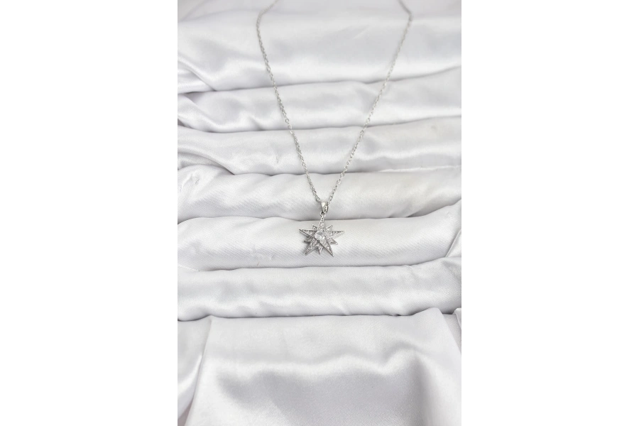 Shoecide 316l Çelik Zincir Gümüş Renk Yıldız Model Zirkon Taşlı Kadın Kolye
