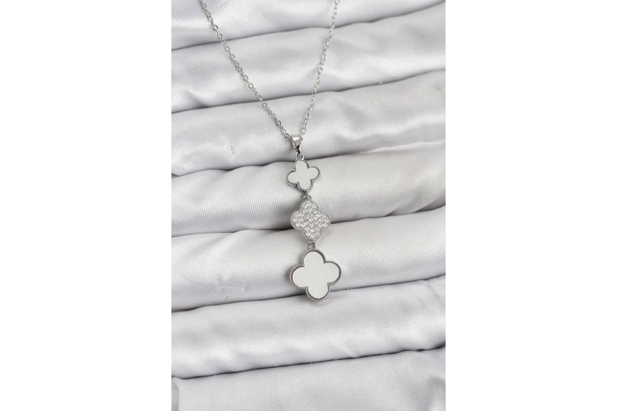 Shoecide 316l Çelik Zincir Gümüş Renk Yonca Detaylı Zirkon Taşlı Kadın Kolye