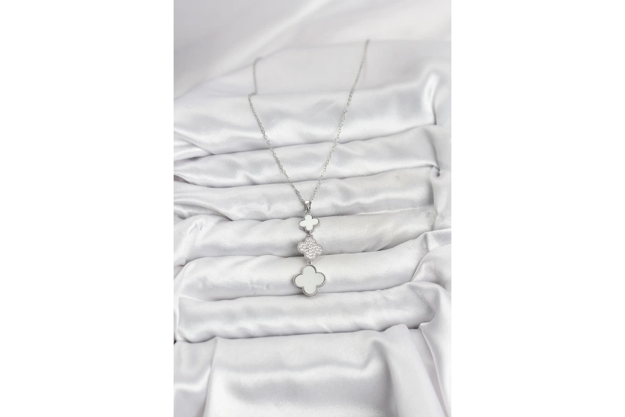 Shoecide 316l Çelik Zincir Gümüş Renk Yonca Detaylı Zirkon Taşlı Kadın Kolye