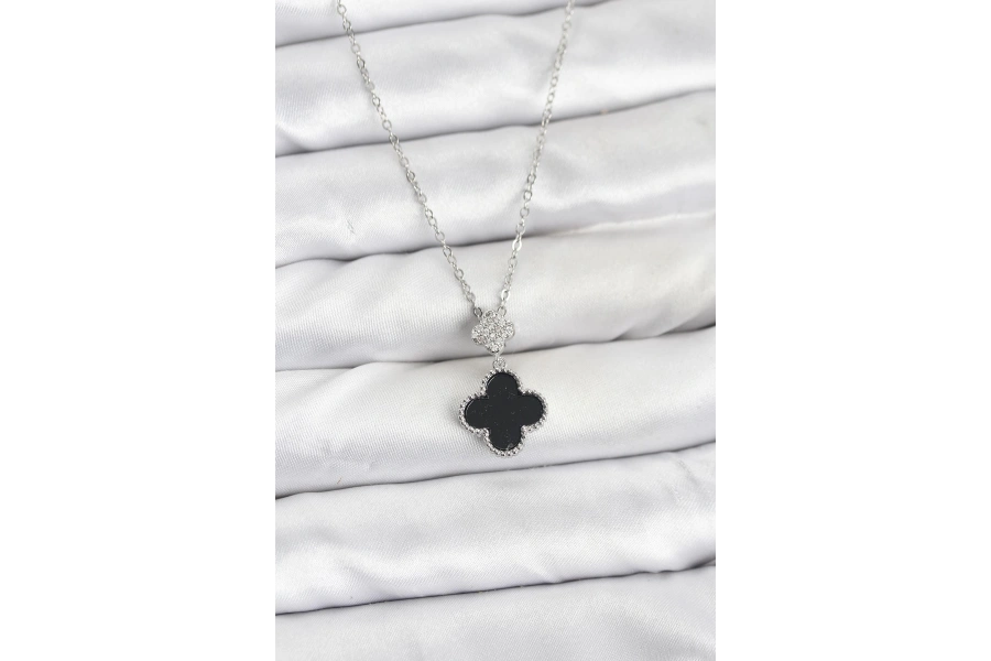 Shoecide 316l Çelik Zincir Gümüş Renk Yonca Model Zirkon Taşlı Kadın Kolye