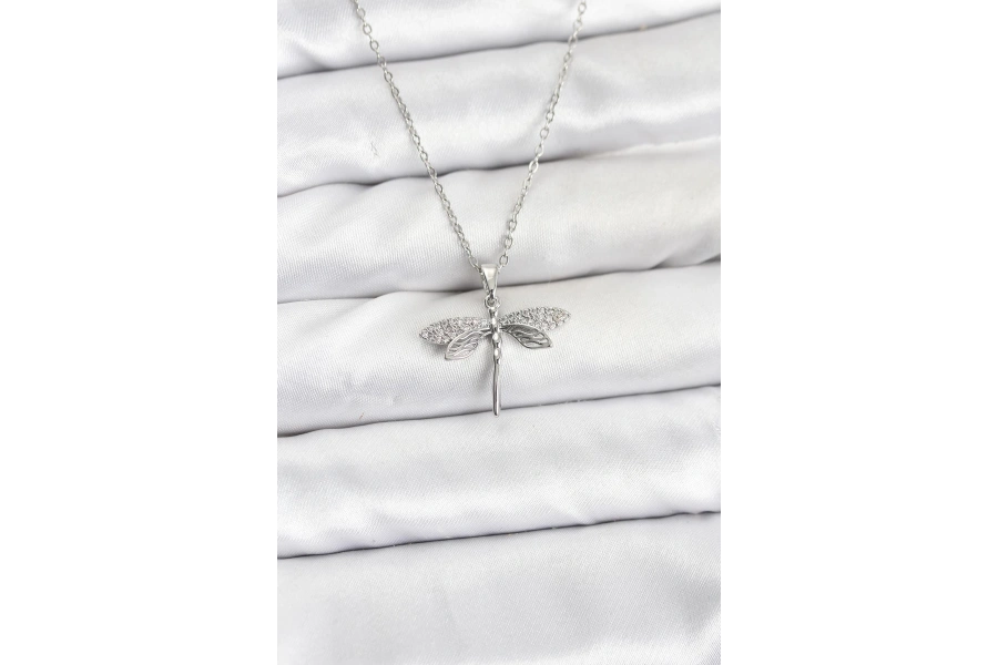 Shoecide 316l Çelik Zincir Gümüş Renk Yusufçuk Model Zirkon Taşlı Kadın Kolye