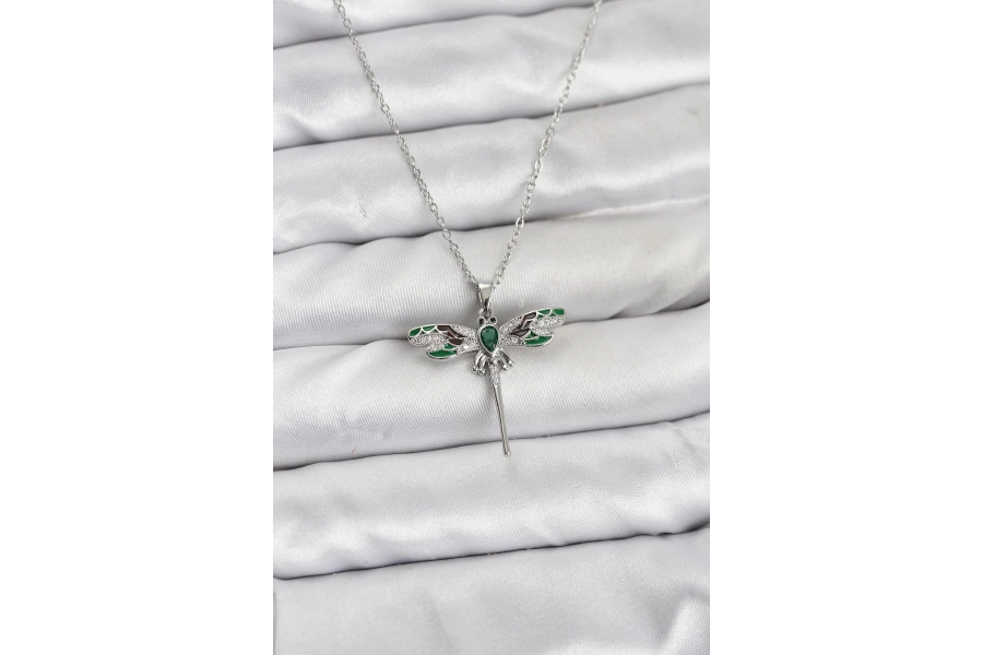 Shoecide 316l Çelik Zincir Gümüş Renk Yusufçuk Model Zirkon Taşlı Kadın Kolye